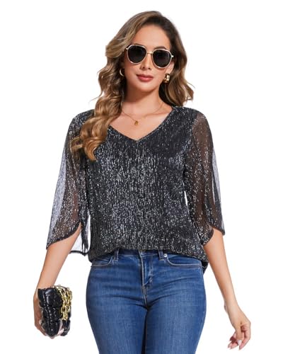 BILIKE JOMEX Women's 3/4 Sleeve Glitter Blouses Dressy Sparkly Double Layers Mesh Tops