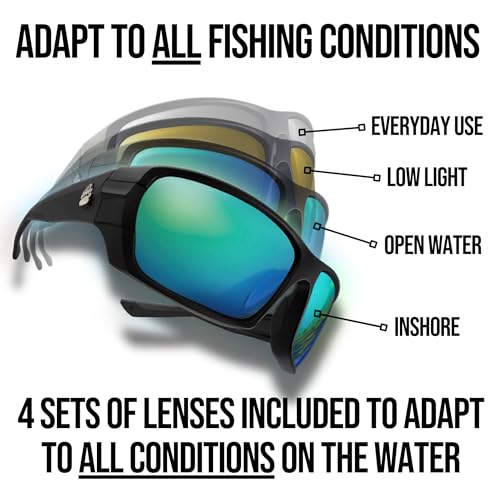 Fishing Glasses Pro Kit - Polarized Sunglasses With 4 Lenses for Clear Visibility in Offshore & Shallow Water - Eye Protec...