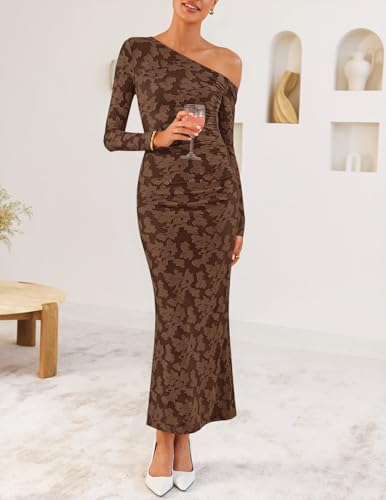 ZESICA Women's Fall Floral Off Shoulder Bodycon Maxi Dresses 2026 Long Sleeve Ruched Elegant Cocktail Party Dress