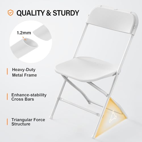 VINGLI 4 Pack White Plastic Folding Chair, Indoor Outdoor Portable Stackable Commercial Seat with Steel Frame 350lb. Capac...