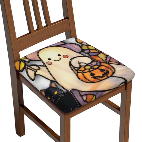 Cute Ghost Pumpkin-Shaped Candy Bucket Chair Seat Covers for Dining Room Stretch Chair Seat Covers Set of 2, Chair Seat Protector Cushion Slipcovers for Kitchen Restaurant Office