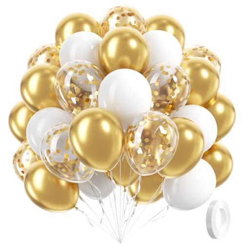 60pcs Gold and White Balloons 12inch, White and Gold Balloons with Metallic Gold Confetti Balloons for Graduation Wedding ...