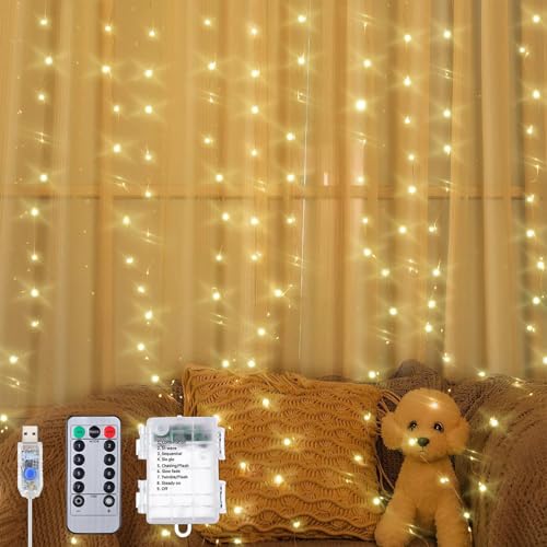 Curtain String Lights 6.5 x 5 ft,195 LED Battery Operated USB Powered light with 8 Modes Dimmable Timer,Copper Tapestry Tw...