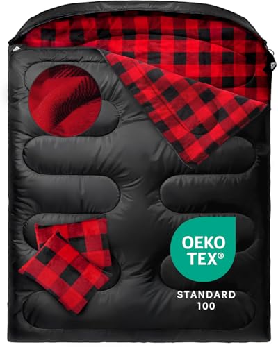 MEREZA Flannel Double Sleeping Bag for Adults Cold Weather, XL Queen Size Sleeping Bag for All Season 2 Person Big and Tal...