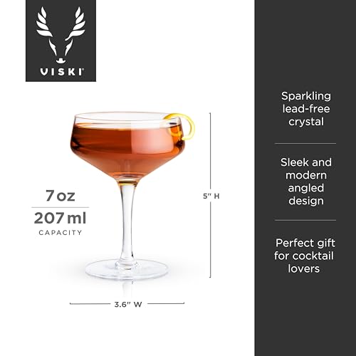 Viski Raye Angled Stemmed Crystal Coupe Cocktail Glasses, Champagne Coupe Glasses, Drinkware Set, Espresso Martini Glasse...