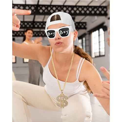 Yahenda 4 Pcs Halloween 80s 90s Hip Hop Costume Accessories Kit Rapper 2000s Sunglasses Hat Chain Outfit for Adults