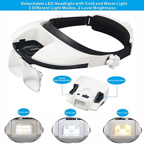 AmsOpto Large Lens Head Magnifier Headband Magnifying Glass with Light Hands free 8 LED Magnifier with White and Yellow Li...
