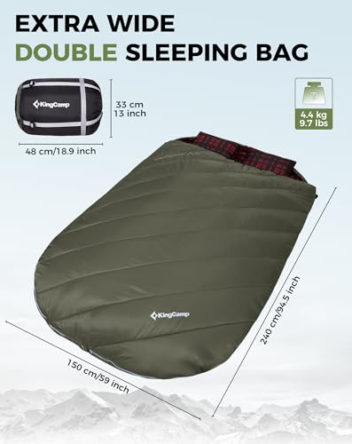 KingCamp Double Sleeping Bag for Adults, Queen Size 2 Person XXL Flannel Sleeping Bag, Waterproof Lightweight Flannel Quil...