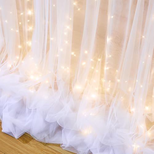 10ft x 10ft White Tulle Backdrop Curtain with Lights String for Parties Wedding Bridal Shower Sheer White Curtain Backdrop...