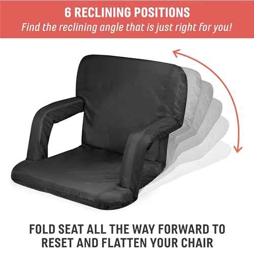 PICNIC TIME Ventura Portable Reclining Stadium Seat with Back Support, Folding Bleacher Chairs with Back and Cushion, Thick Padded Stadium Seat and Armrest and Six Backrest Positions, (Heathered Gray)