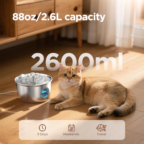 Stainless Steel Cat Water Fountain: 88oz/2.6L Ultra Quiet Pet Fountain with Flower Kitty Spout & LED Blue Light Water Disp...