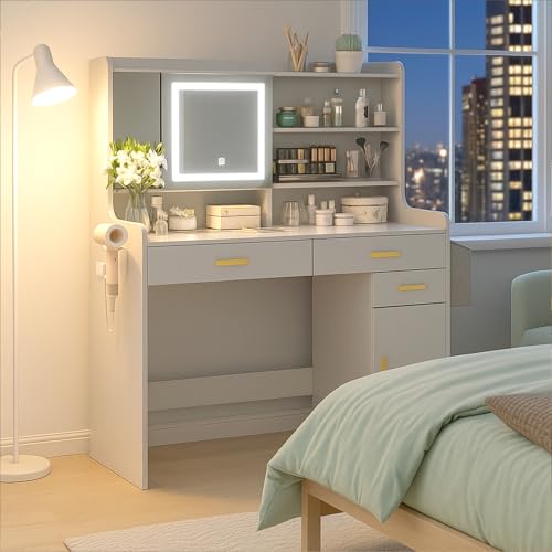 KATYGLORY Vanity Desk with Mirror and Adjustable LED Lights Makeup Vanity Table for Bedroom with Glass Tabletop Power Outlet Storage Bag 3 Drawers 1 Cabinet and 6 Storage Shelve,White