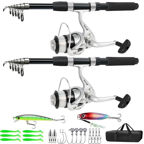 Fishing Pole Combo, 6.9ft 2Pcs Telescopic Rods Set, Collapsible Carbon Fiber Fishing Rods, 2PCS Spinning Reel Set with Car...