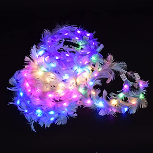 6 Pack Flower Crown, Feather Crown Headband Luminous with 10 LED Lights, Light Up Headdress with Color Changing LED Light...