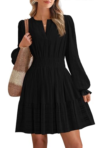 BTFBM Mini Dresses for Women 2025 Casual Lightweight Long Sleeve V Neck A Line Elastic Waist Party Holiday Dress