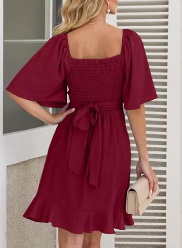Dokotoo Women's Wrap V Neck Short Flared Sleeve Wedding Guest Dress Smocked Elastic Waist Tiered Belted Ruffle Hem Mini Dress