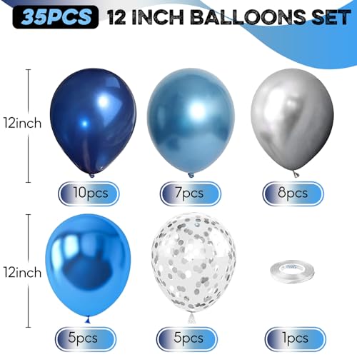 Blue Silver Balloons Set, 12 Inch Blue and Silver Balloons Dark Navy and Confetti Party Latex Balloon, Macaron Metallic Ba...