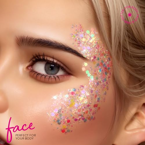 Festival Chunky and Fine Glitter Powder Mix, Teenitor 32 Colors Chunky Sequins, Iridescent Glitter Flakes, Cosmetic Face B...