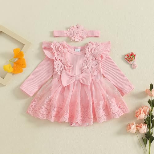 Baby Girl Romper Dress Lace Flowers Baby Dress Romper Infant Fall Winter Festival Clothes with Bow Headband