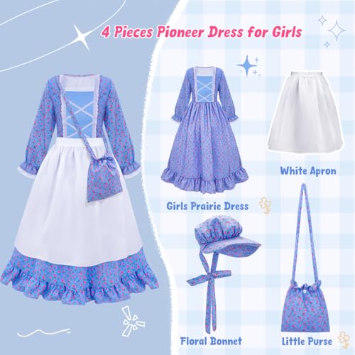 Meland Pioneer Dress for Girls - Colonial Floral Costume with Bonnet, Apron & Purse, Pionner Outfit for Girls 3-10 Years
