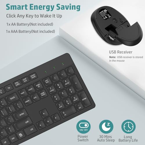 LeadsaiL Wireless Keyboard and Mouse Combo, Full-Sized Ergonomic Computer Keyboard, 2.4GHz Cordless Keyboard Silent Mouse ...