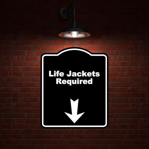 Life Jackets Required Black Sign Arrow Down Aluminum Composite Sign 20 x 24 inches