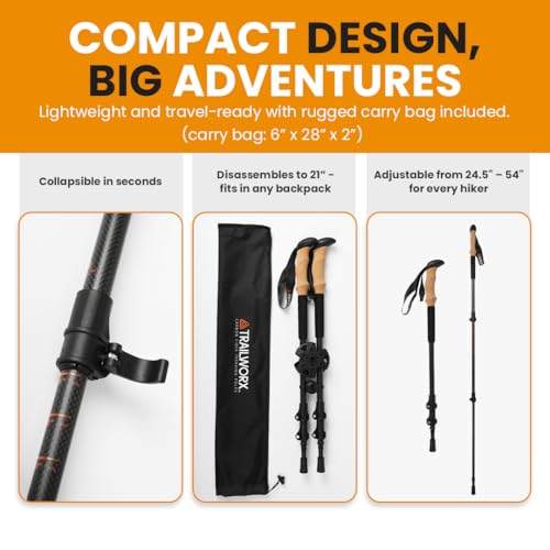 TRAILWORX 3K Carbon Fiber Collapsible Hiking Poles, Adjustable Trekking Poles for Hiking, Walking Sticks with Cork Handle,...