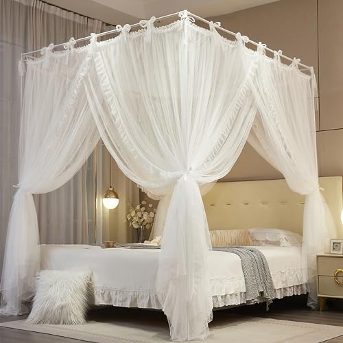 NXGIO 4 Corners Post Princess Curtain Bed Canopy Lace Up Double Layer 4 Opening Mosquito Net Mesh for Girls Bedroom Decora...