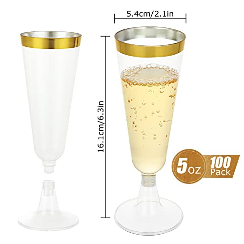 FVIEXE 100 Pack Plastic Champagne Flutes, 5 Oz Disposable Champagne Glasses Gold Rim Wine Flute Glasses, Clear Plastic Toa...