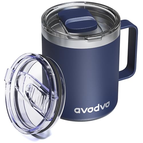 avodvo 12oz Insulated Coffee Mug with Lid – Includes Two Lids, Stainless Steel Coffee Travel Mug with Handle, Double Wall ...