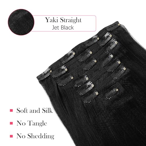 Sassina 20 Inch Yaki Straight Clip in Hair Extensions Virgin Human Hair Jet Black Double Wefts for African American Black Women 7 Pieces 120g with 17 Clips