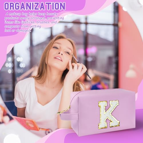 WEMVP Personalized Initial Makeup Bag with Handle, Preppy Cosmetic Bag with Inner Zipper Pocket, 8 9 10 11 12 13 14 Years ...