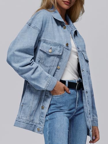 AUTOMET Women's Oversized Jeans Jacket, Classic Button Down Denim Jacket with Chest Pockets, Loose Fit Boyfriend Style Coat