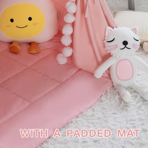 WIRHAO Teepee Tent for Kids with Padded Mat Cotton Canvas Kids Tent with Pompom for Toddlers Indoor Play Tent for Girls Bo...