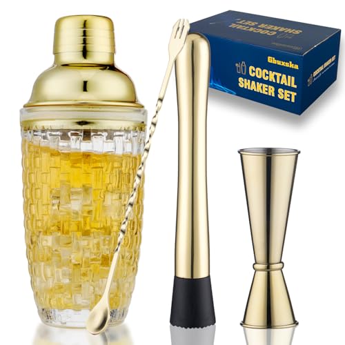 Gbuxska Gold Cocktail Shaker Set - Glass Cocktail Shaker with Strainer - Martini Shaker Set -Matching Cocktail Jigger & Ba...
