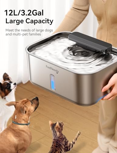 3.2Gal/12L Dog Water Fountain for Large Dogs, Ultra-Quiet Stainless Steel Dog Water Bowl Dispenser with Swirling Water Flo...