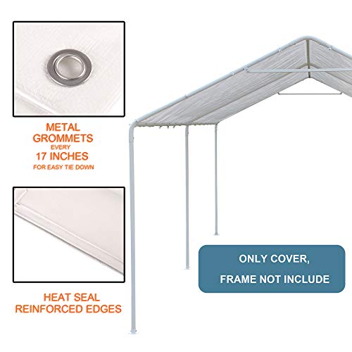 Thanaddo 10 x 20 Ft Carport Replacement Canopy Cover Garage Top Tent Shelter Tarp with Free 44 Ball Bungee Cords,White(Onl...