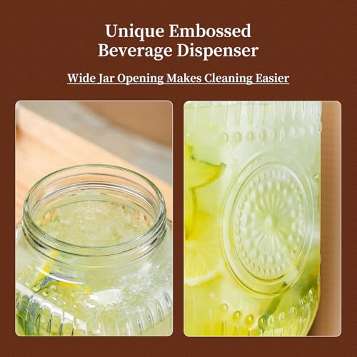 1 Gallon Glass Drink Dispenser with Acacia Wood Stand and Lid,Clear Embossed Beverage Dispenser with Stainless Steel Spigo...