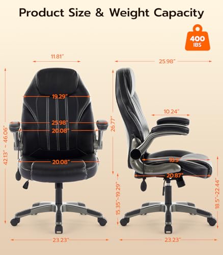 Office Desk Chair, Ergonomic Computer Chair with Padded Flip-Up Arms and Adjustable Lumbar Support, PU Leather Executive C...