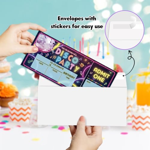 ZARYFANCHY Disco Birthday Party Invitations, Neon Dance Party Invites VIP Tickets, 20 Count Invite Cards With Envelopes, B...