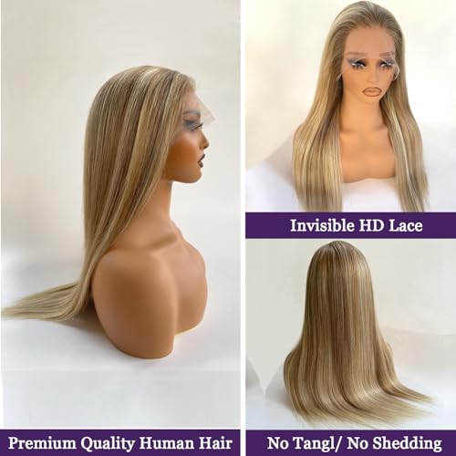 Ubetta Highlight Ash Blonde Wig Human Hair, 13x4 HD Balayage Glueless Wigs Human Hair Ash Brown to Ash Blonde Highlights Pre Plucked 18 Inch 180% Density Lace Frontal Human Hair Wigs for White Women