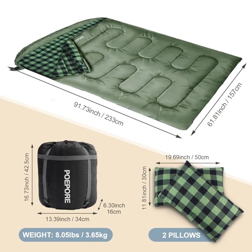 POEPORE Double Sleeping Bag Flannel for Adults with 2 Pillows 2 Person Sleeping Bags Camping XXL Queen Size Two Person Sle...