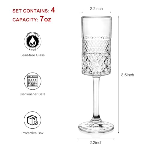 Cambareign Champagne Flutes Set of 4, 7oz Square Champagne Glasses, Lead-free Crystal Champagne Flute Glass, Unique Gift f...