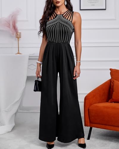 CHICME Women's One Piece Jumpsuit Rhinestone Cutout Ruched Wide Leg Jumpsuit Overall Long Pants