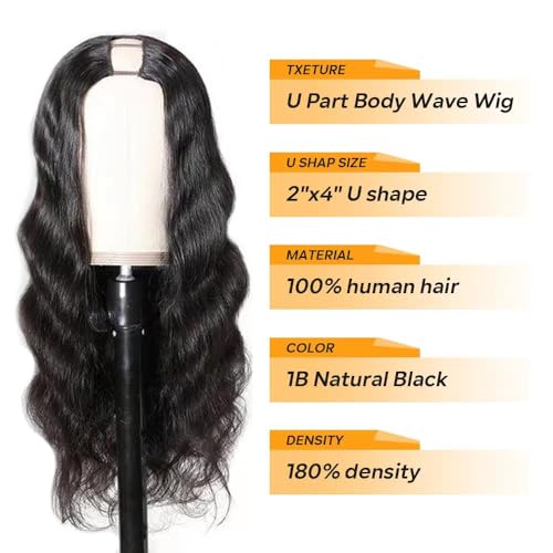 U Part Human Hair Wig Body Wave Drawstring Wig 180% Density U Part Wig Brazilian Virgin Human Hair wigs for Women Full Head Clip in Half Wigs Glueless No Leave Out Lace Front Wig Natural Color 16inch