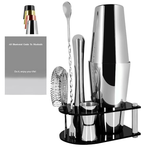 5 Piece Cocktail Shaker Bartender Kit: 750/600ml(25/20oz) Cocktail Shaker Set with Stand, Drink Mixing Includes Martini Sh...