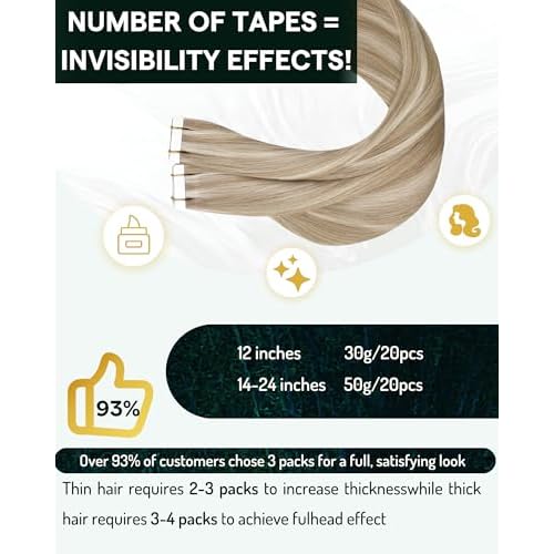 RUNATURE Tape in Hair Extensions Real Human Hair Blonde Tape in Human Hair Extensions 24 Inch Ash Brown with Platinum Blonde Hair Extension Tape ins Real Human Hair 50g 20pcs