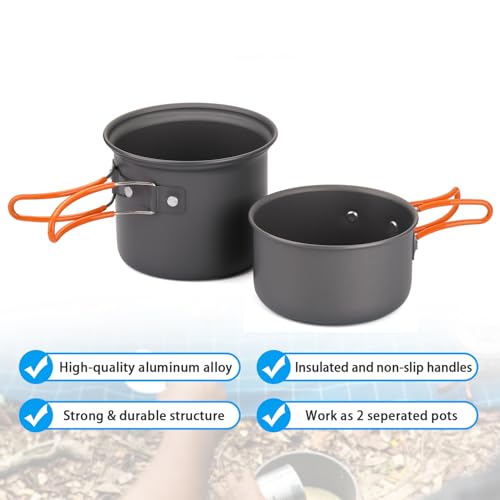 Odoland 6pcs Camping Cookware Mess Kit with Lightweight Pot, Stove, Spork and Carry Mesh Bag, Great for Backpacking Outdoo...