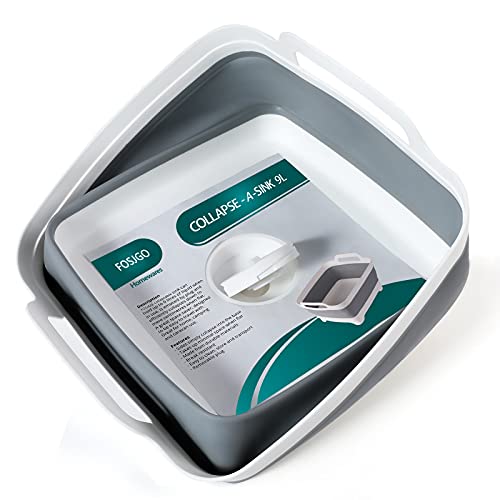 FOSJGO 2.4 Gal(9L) Collapsible Dish Basin with Drain Plug,Space Saving Multiuse Foldable Sink Tub,Dishpan,Kitchen Sink for...