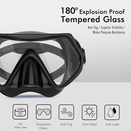 Snorkeling Gear for Adults, JRing Snorkel Mask Set with 180 Degree Tempered Glass Anti Fog Goggles Scuba Dry Top Snorkel f...